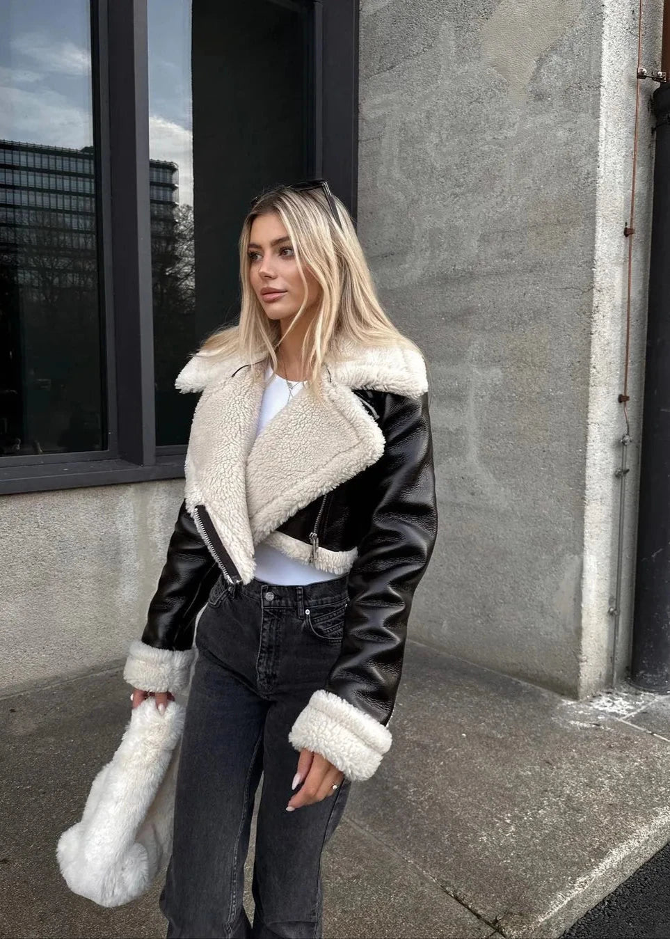 Double Sided Leather Jacket With Sherpa Trim