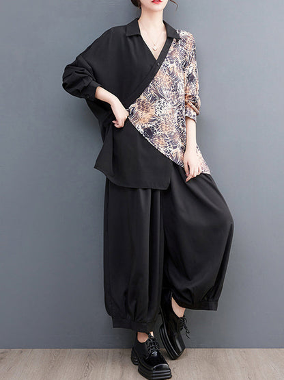 Long Sleeves Loose Contrast Color Printed Split-Joint Leopard Polo Blouses&Shirts Tops + Ninth  Culotte
