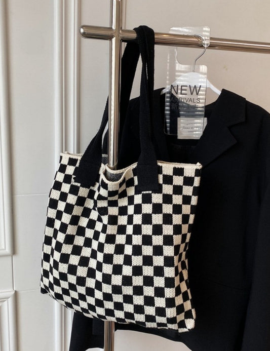 Vintage Color Block Plaid Knit Tote Bag