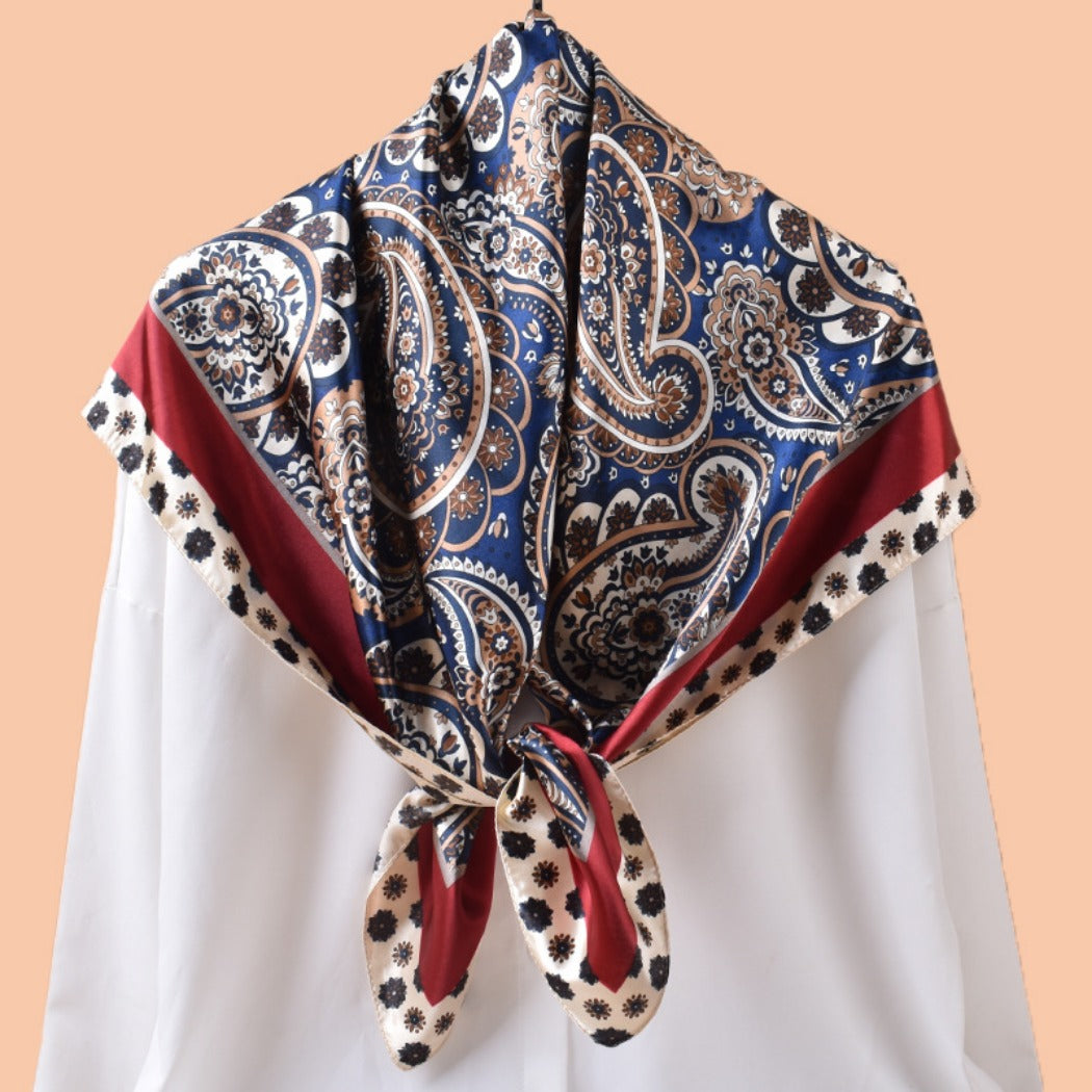 Scarvii - Vintage Paisley Silky Square Scarf - Orange/Blue
