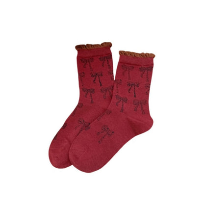 Rufia - Retro Doodle Bow Crew Socks - Sweet &amp; Stylish