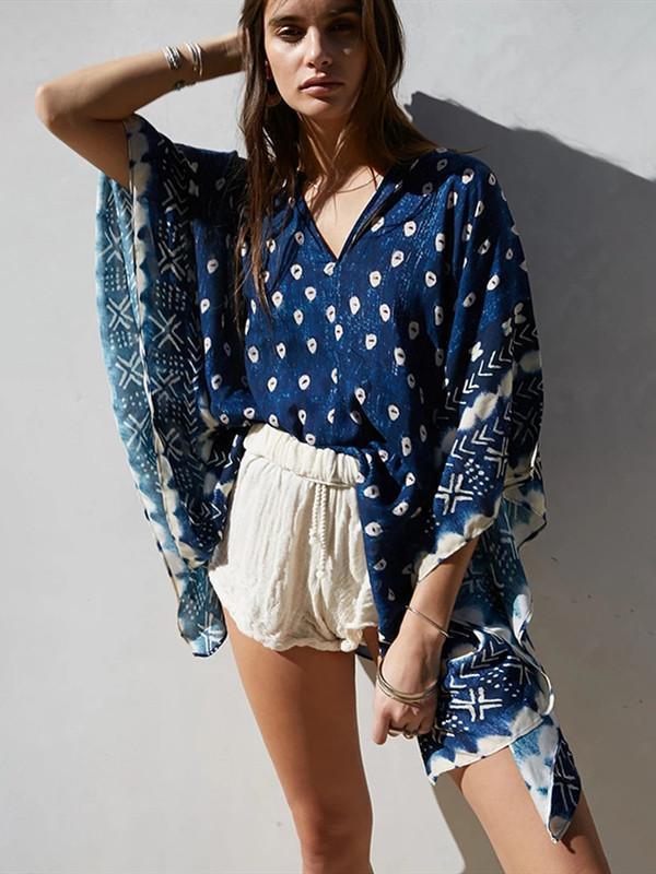 Bat Sleeve Long Sleeve Stitching Loose V-Neck Summer Jacket Printed Women'S Sunscreen Blouse