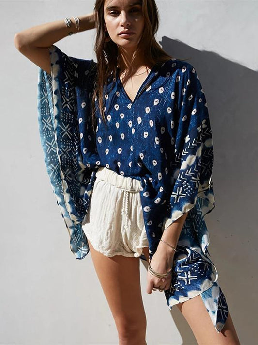 Bat Sleeve Long Sleeve Stitching Loose V-Neck Summer Jacket Printed Women'S Sunscreen Blouse