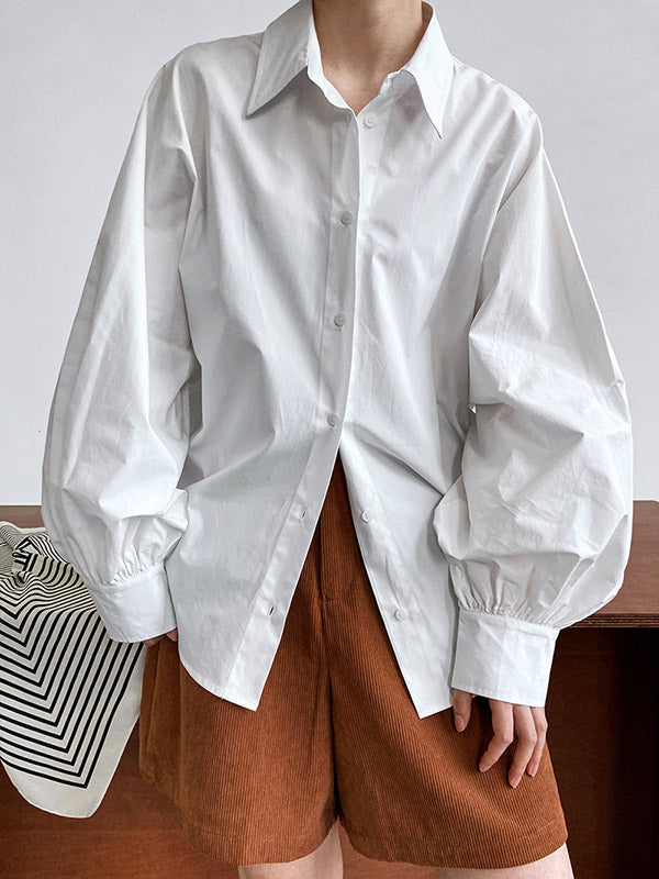 Long Sleeves Loose Buttoned Pleated Solid Color Lapel Blouses&Shirts Tops