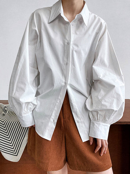 Long Sleeves Loose Buttoned Pleated Solid Color Lapel Blouses&Shirts Tops