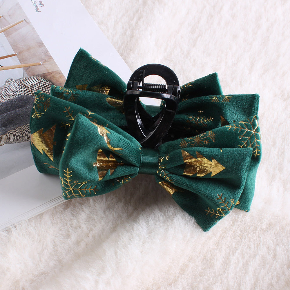 Christmas Plush Bow Hairpin Clip In Green Red