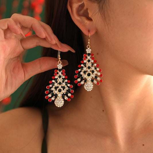 Christmas Alloy Fashion Tree Rhinestone Earrings Gold