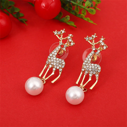 Christmas Alloy Deer Earrings With Pearl Zircon