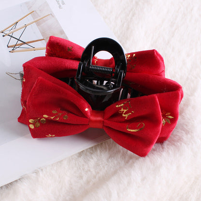 Christmas Plush Bow Hairpin Clip In Green Red