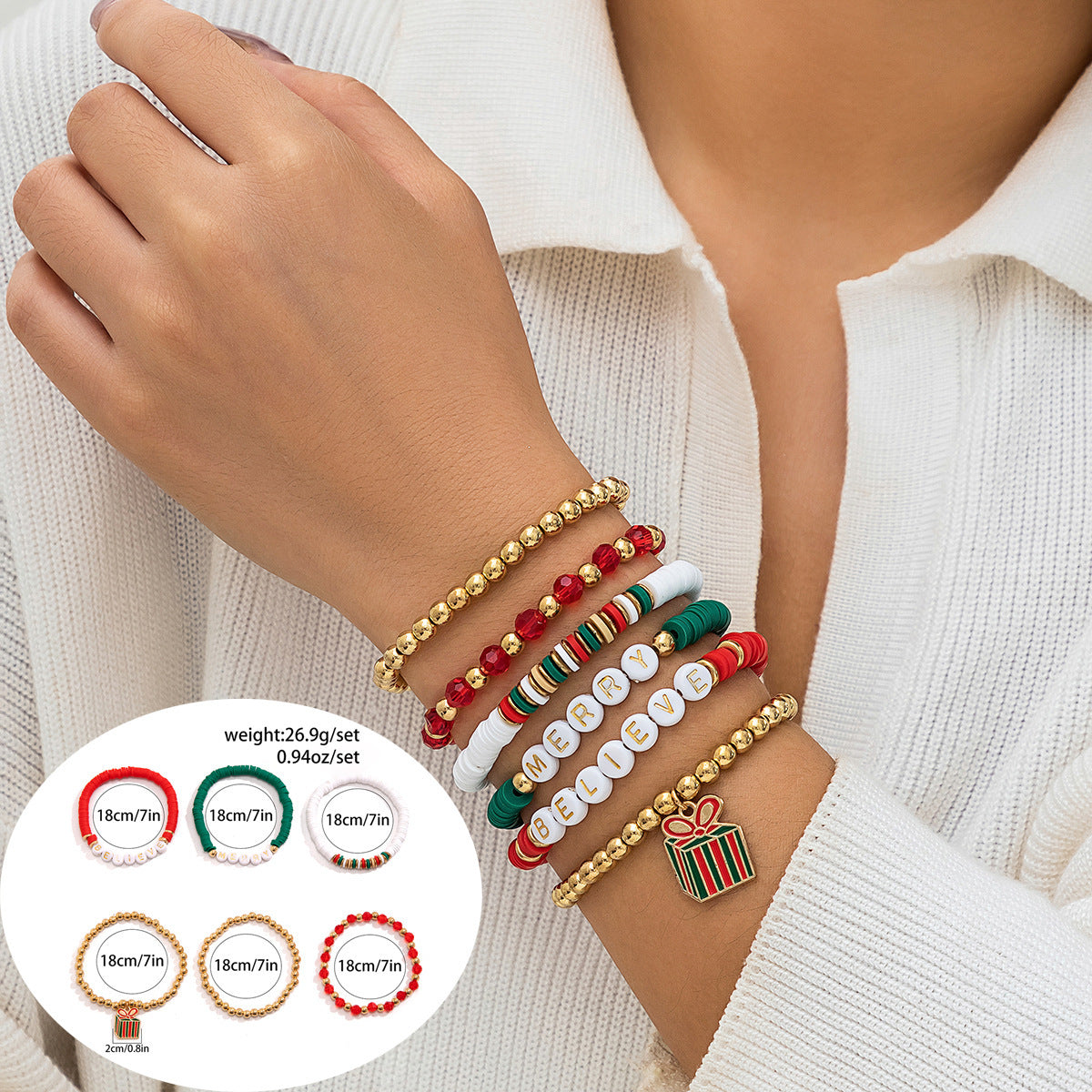 Christmas Women Soft Pottery Beaded Bracelet Set