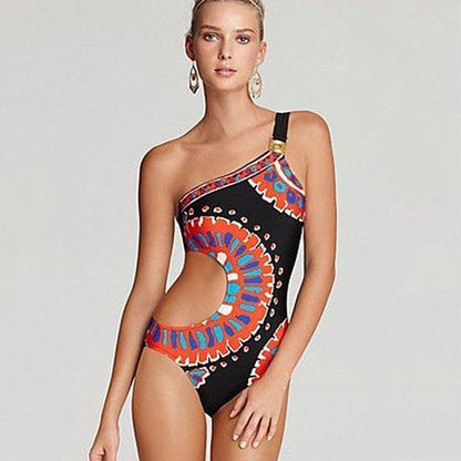 Print Triangle Piece Creative Single Shoulder Swimsuit