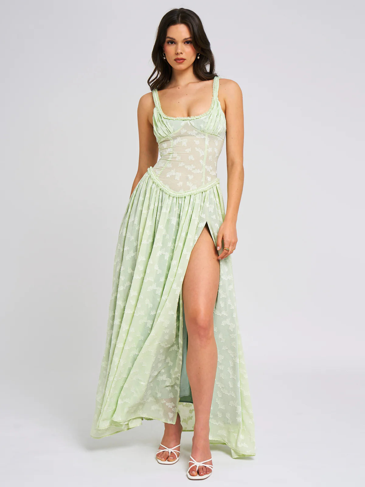 Lace Maxi Dress With Square Neckline And Slit
