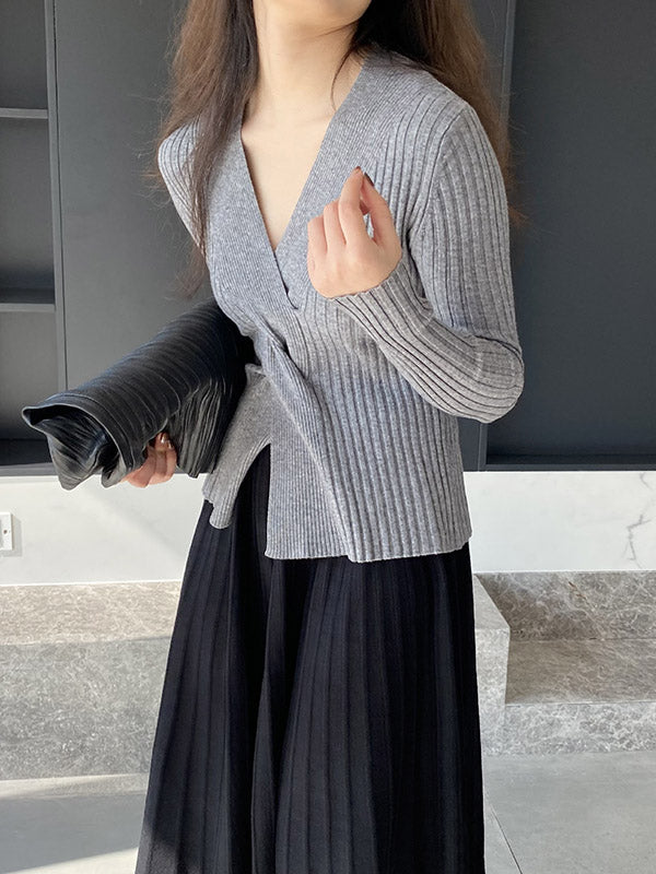 Long Sleeves Loose Knot Solid Color V-Neck Pullovers Sweater Tops
