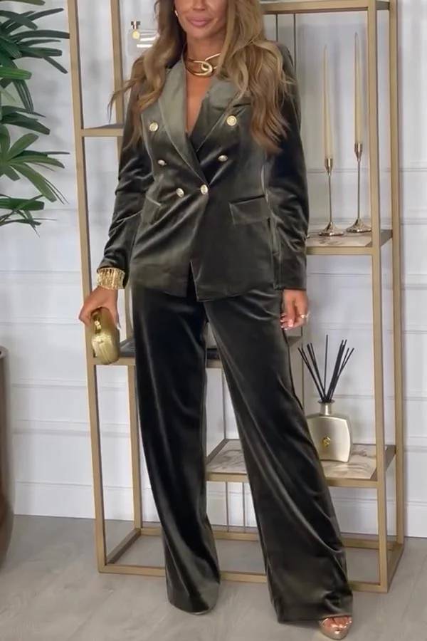 Guest of Honor Velvet Metal Button Lapel Blazer and Elastic Waist Pocketed Loose Pants Set