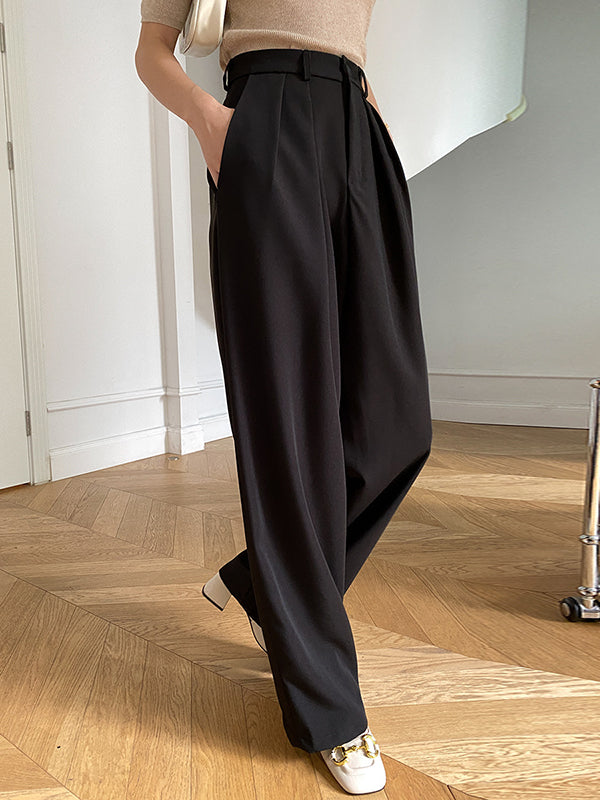 Loose Wide Leg Pleated Solid Color Pants Trousers