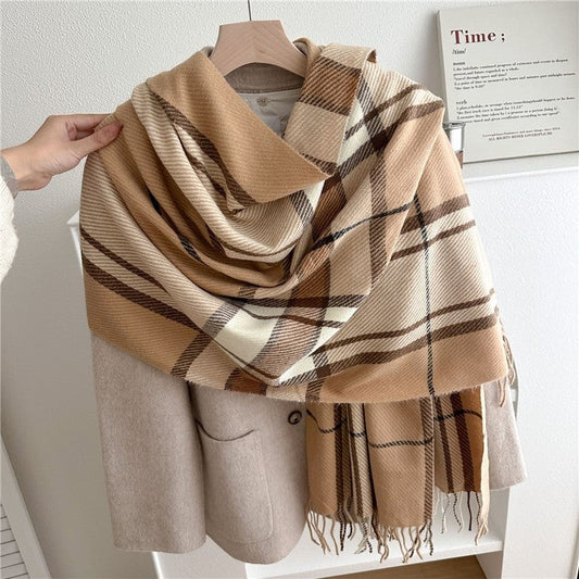 Color Block Plaid Fringe Scarf