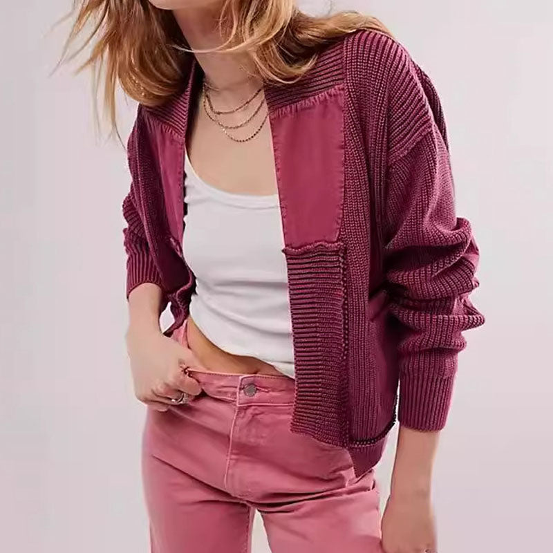 Simple Splicing Knit Cardigan Coat With Pockets