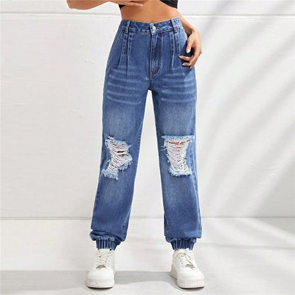 Casual High-Waist Slimming Loose Ripped Ripped Jeans