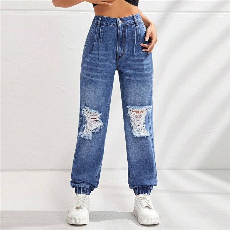 Casual High-Waist Slimming Loose Ripped Ripped Jeans