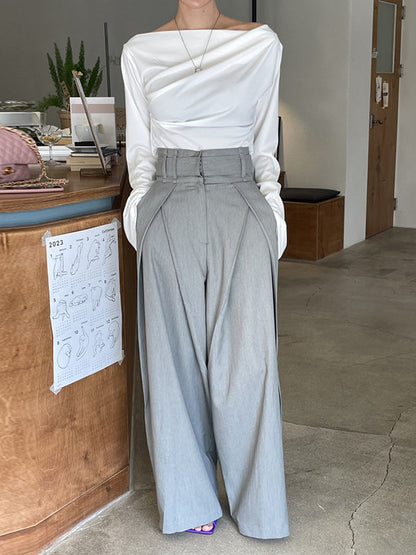 Wide Leg Pockets Solid Color Zipper Casual Pants Bottoms
