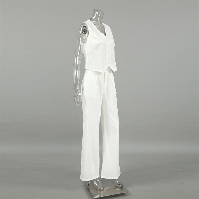 White Linen Blend Sleeveless Blazer And Trousers Set