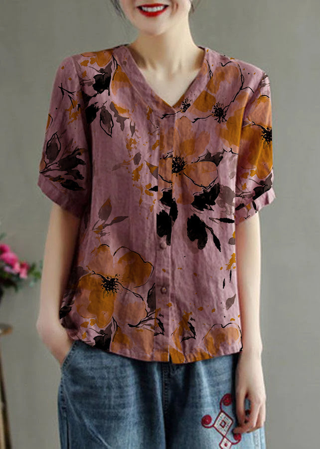 Loose Pink V Neck Embroideried Floral Summer cotton blend Shirt