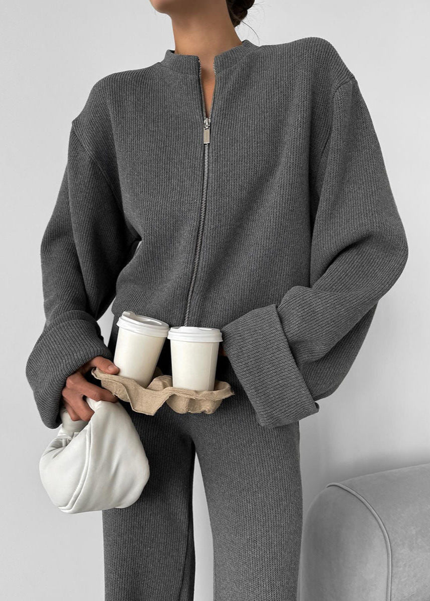 Knit Lounge Set Ribbed Blend Zip Jacket And Wide-Leg Pants