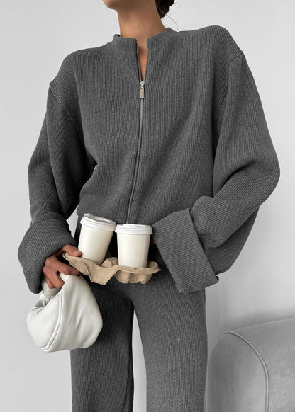 Knit Lounge Set Ribbed Blend Zip Jacket And Wide-Leg Pants