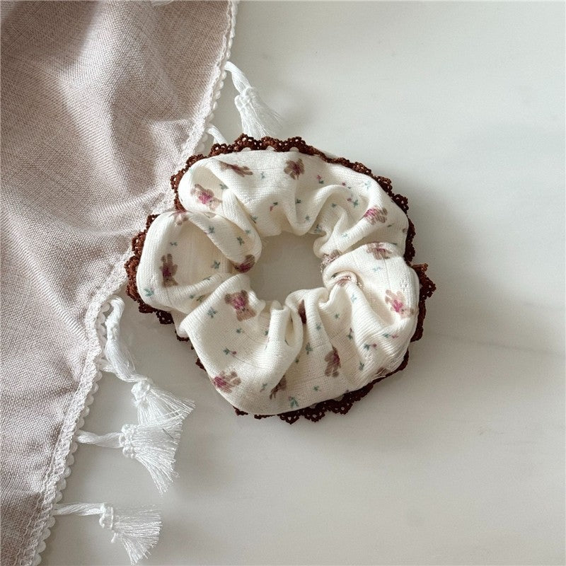 Cute Cream Bear Print Lace Hair Tie