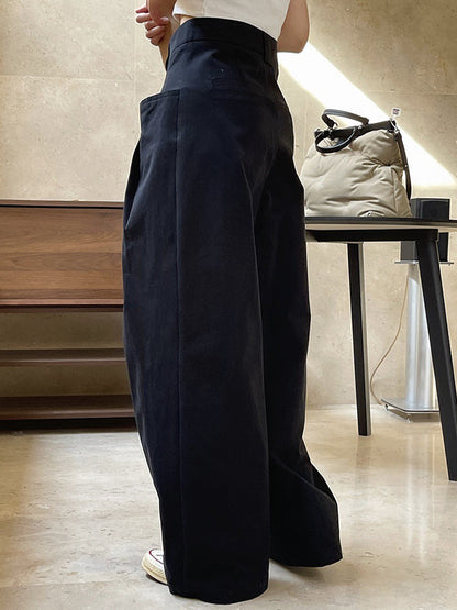 Original Loose Wide Legs Pleated Solid Color Pants