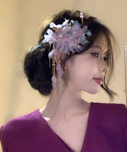 Beautiful Purple Alloy Tulle Floral Tassel Hairpin