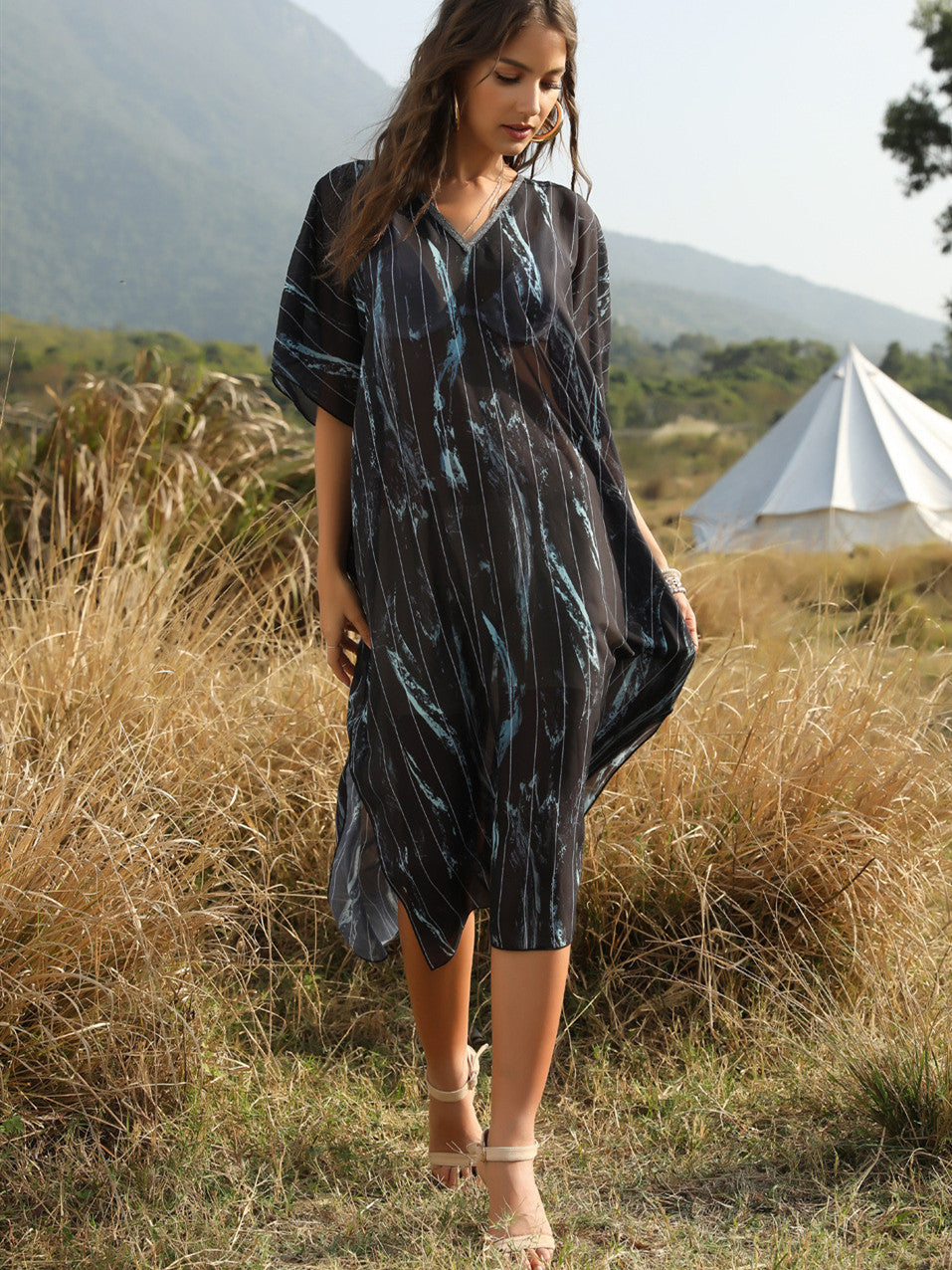 Summer Women'S Beach Sun Protection Bikini Blouse Printed V-Neck Bat Sleeve Dress