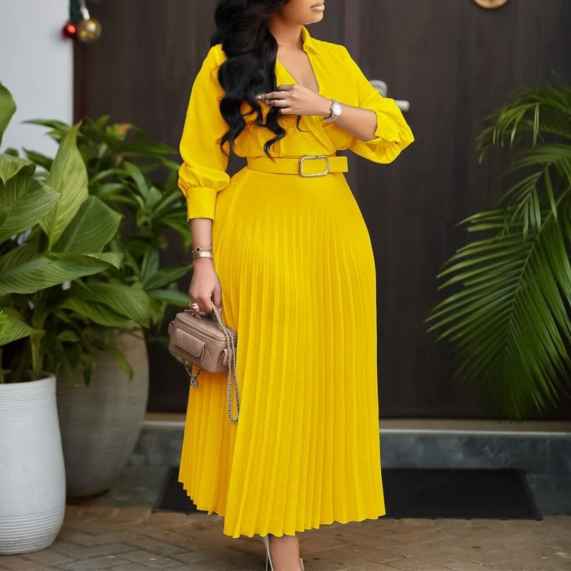 Solid Color Long Sleeve Pleated V-Neck Maxi Dress
