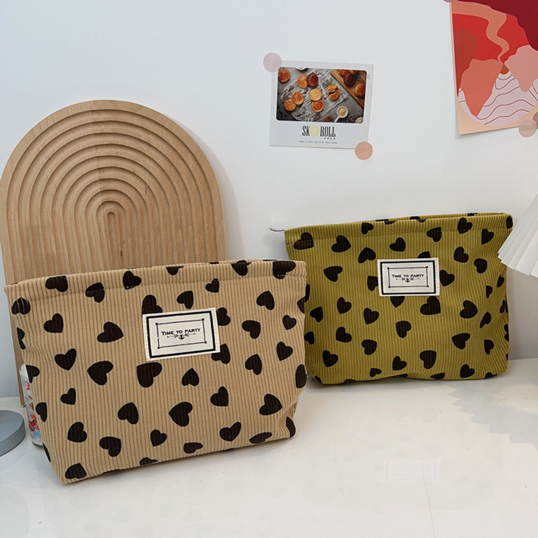 Cosbai - Corduroy Heart Pattern Toiletry Bag