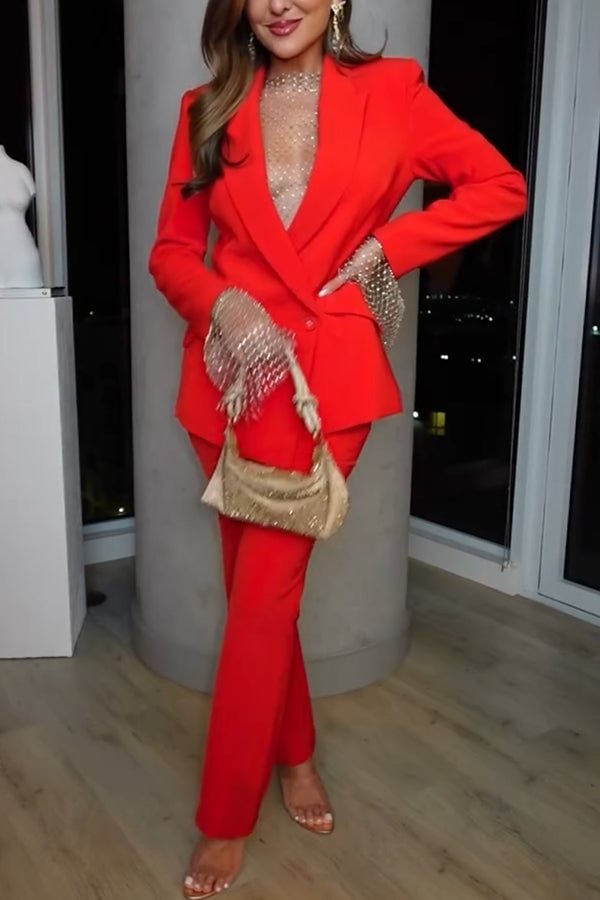 Luxe Lifestyle Single Button Lapel Blazer and Elastic Waist Pocketed Straight Suit Pants Set