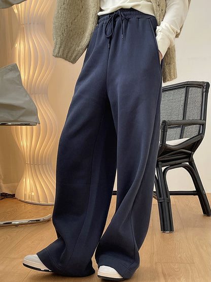 Simple Solid Color Drawstring  Waist Velvet Casual Wide Leg Pants