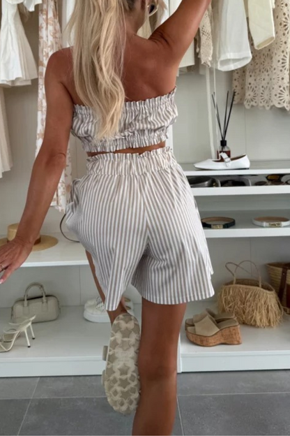 Zoie Striped Stretch Bandeau + Elastic Waist Pocket Shorts + Oversized Blouse 3 Pieces Set