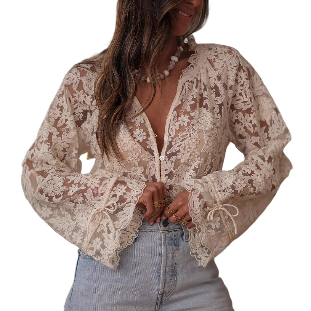 Crosa - Embroidered Lace Cardigan Top - Boho