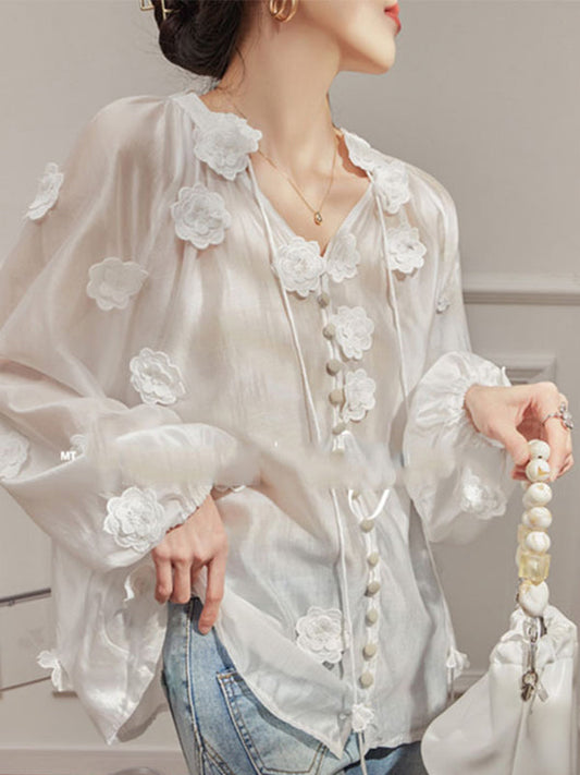 Loose Flower Shape Solid Color Tasseled V-Neck Blouses&Shirts Tops