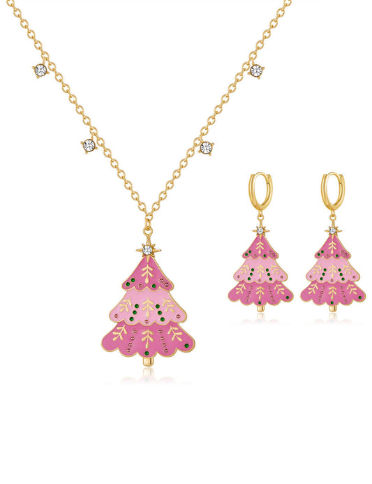 Rhinestone Christmas Tree Pendant Necklace Earrings Set