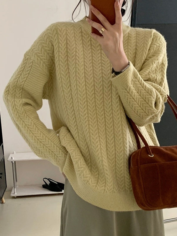 Long Sleeves Loose Solid Color Velvet Round-Neck Knitwear Pullovers Sweater Tops