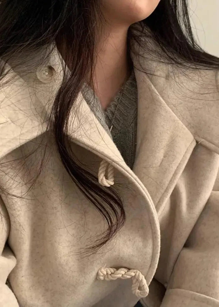 Woolen Hooded Coat with Horn Buttons and Pockets