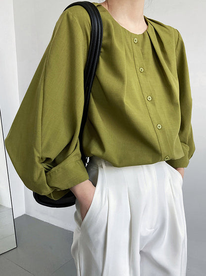 High-Low Loose Pleated See-Through Solid Color Split-Joint Round-Neck Blouses