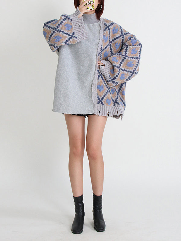 Batwing Sleeves Color-Block Plaid Split-Joint High-Neck Sweater