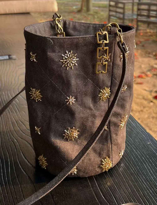 Vintage Studded Denim Shoulder Bucket bag