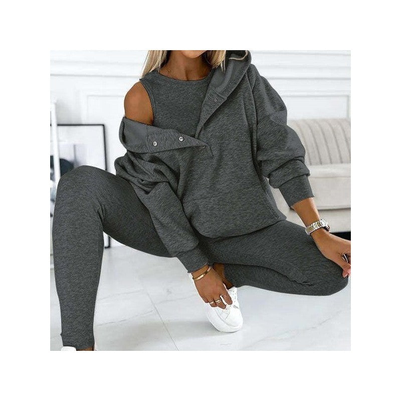 3-Piece Set- Leisure Hoodie, Thick Ribbed Vest, And Pants