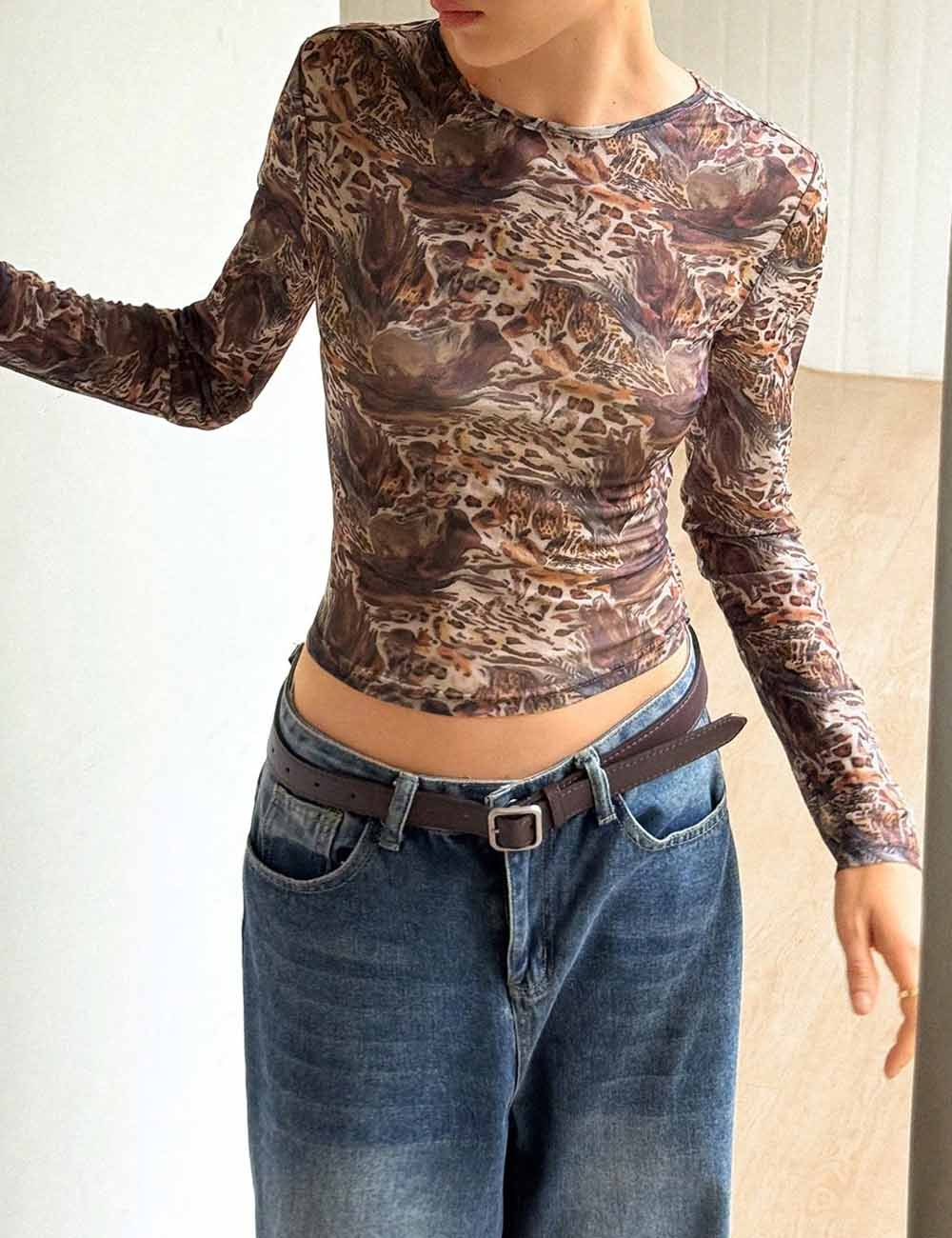 Mesh Leopard Print Round Neck Sheer Blouse