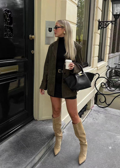Faux Suede Tailored Blazer In Deep Olive