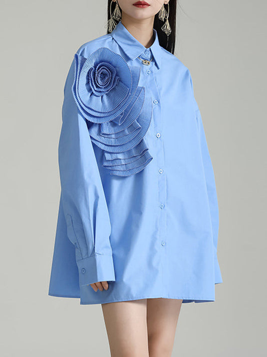 Solid Color Three-Dimensional Flower Long Sleeves Buttoned Blouses