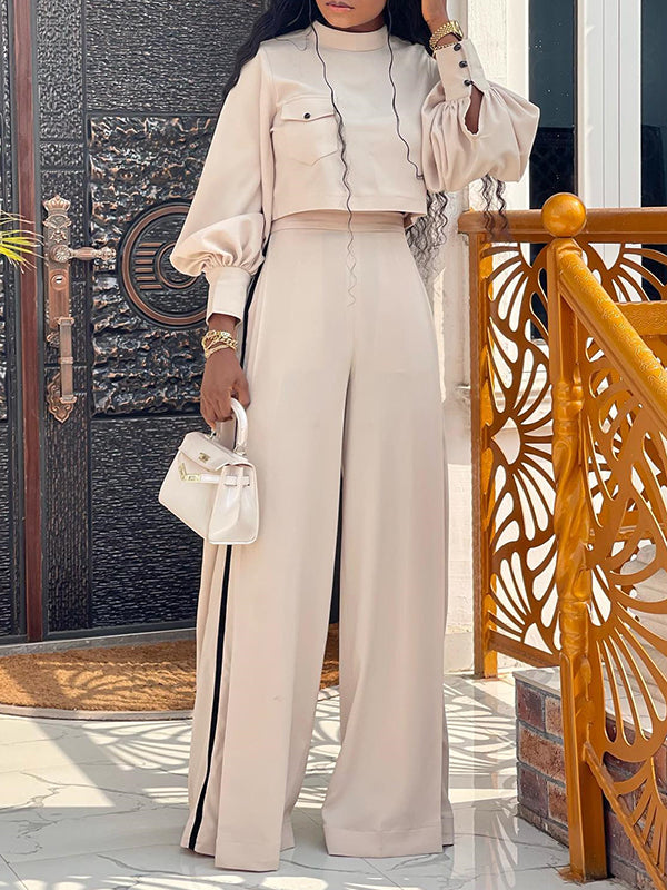 Long Sleeves Wide Leg Buttoned Contrast Color Round-Neck Shirts Tops&Pants Suits